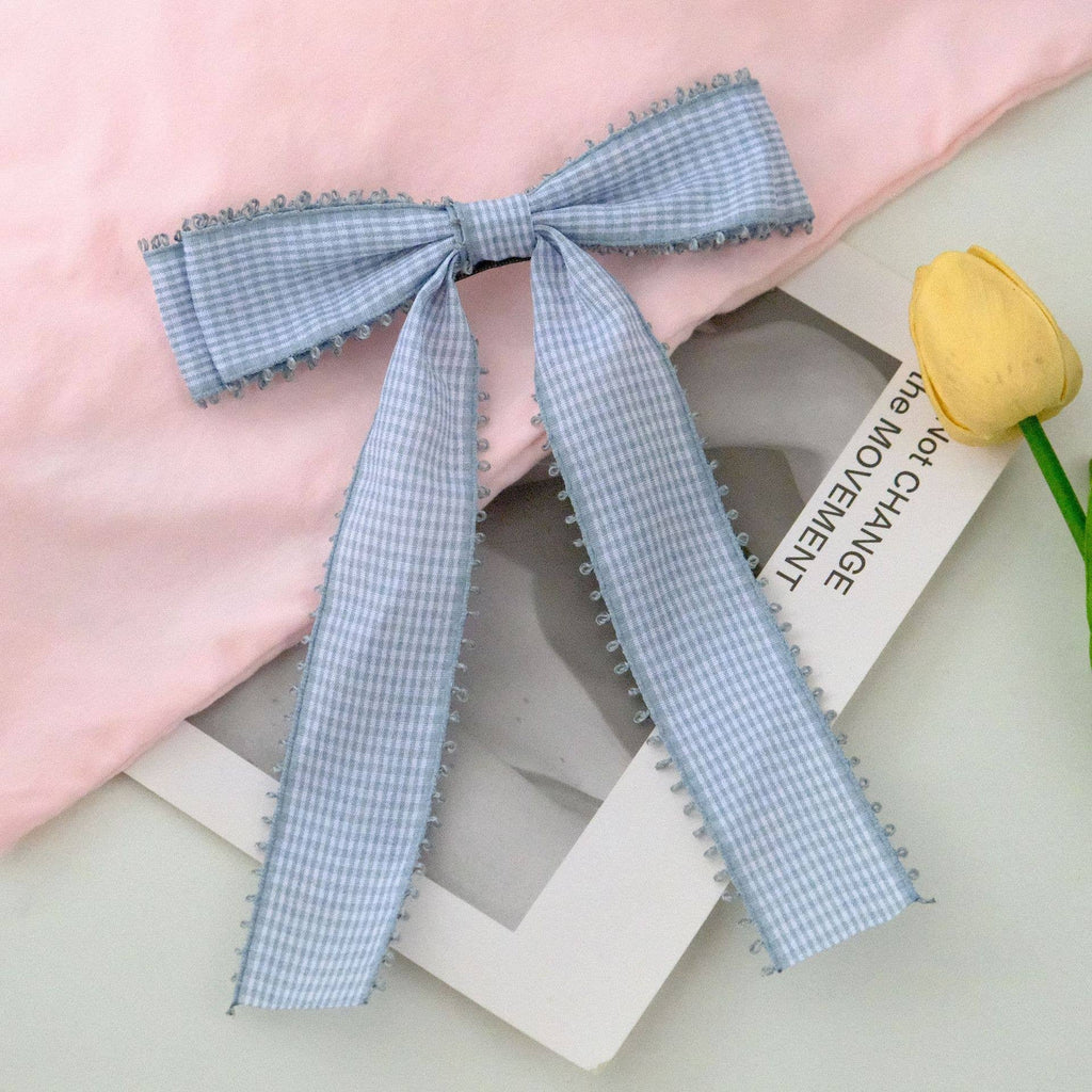Gingham Lace-Trim Bow Hair Clip