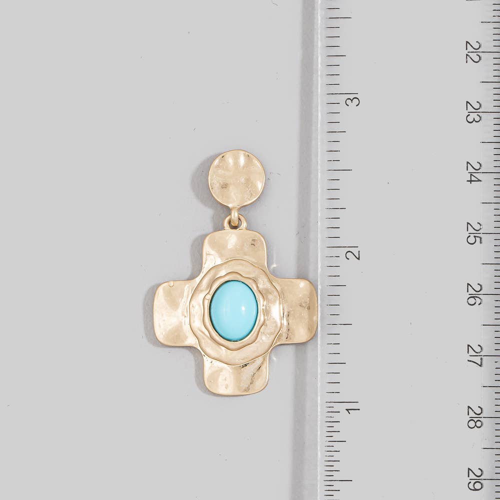 Hammered Cross Drop Earrings With Turquoise Stone