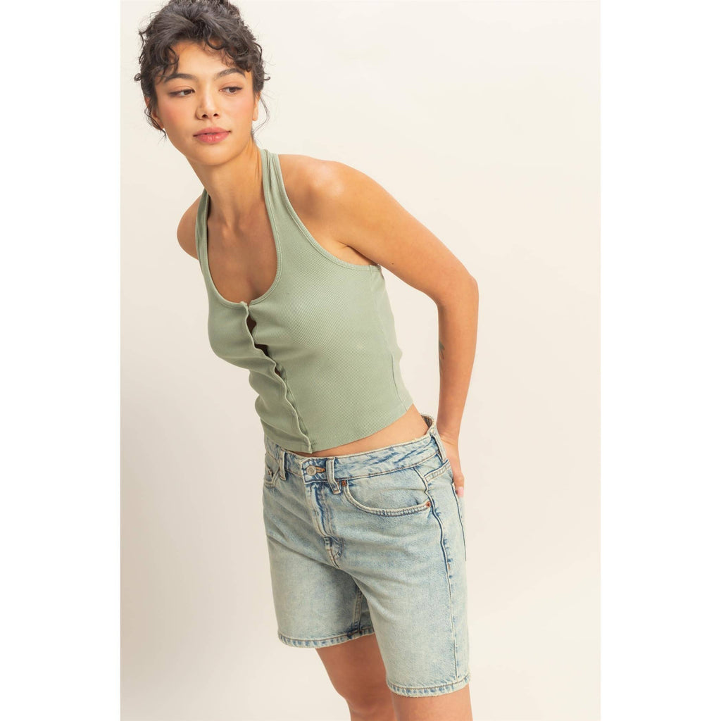 Halter Neck Buttoned Washed Tank Set
