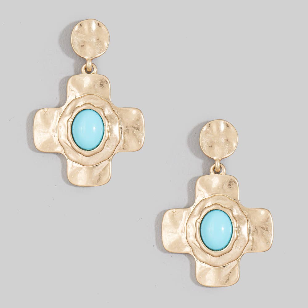 Hammered Cross Drop Earrings With Turquoise Stone