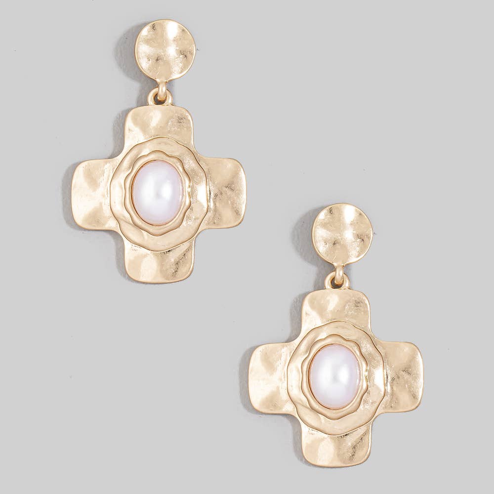Hammered Cross Drop Earrings With Turquoise Stone