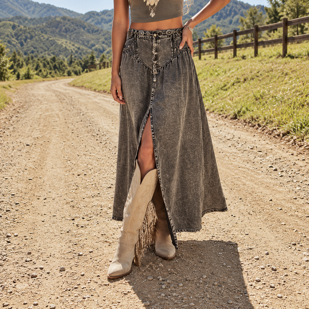 Denim A-Line Midi Skirt