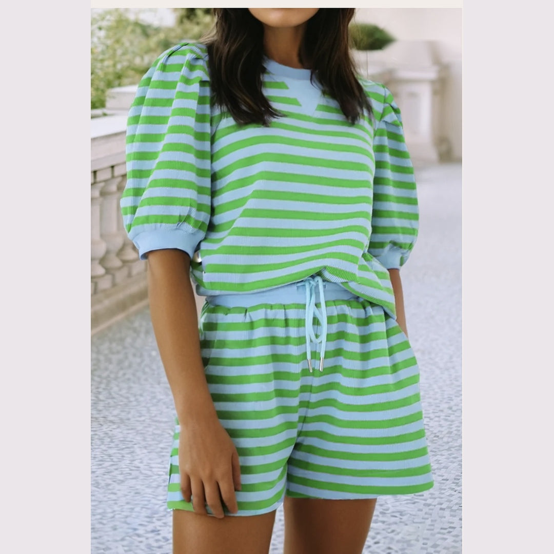 Green Stripe Puff Sleeve Short Set