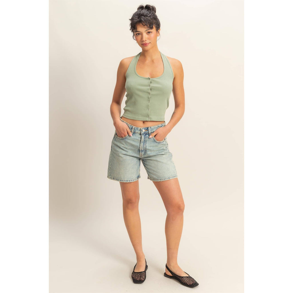 Halter Neck Buttoned Washed Tank Set