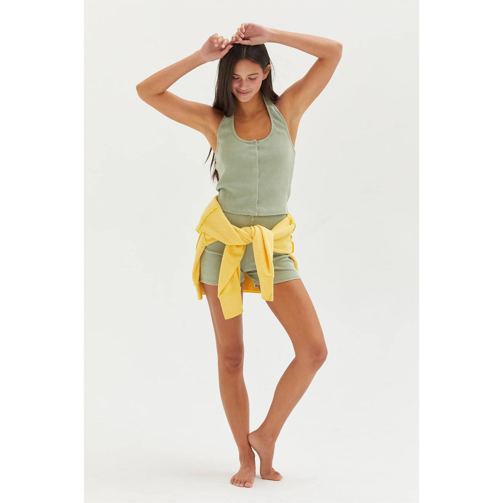 Halter Neck Buttoned Washed Tank Set