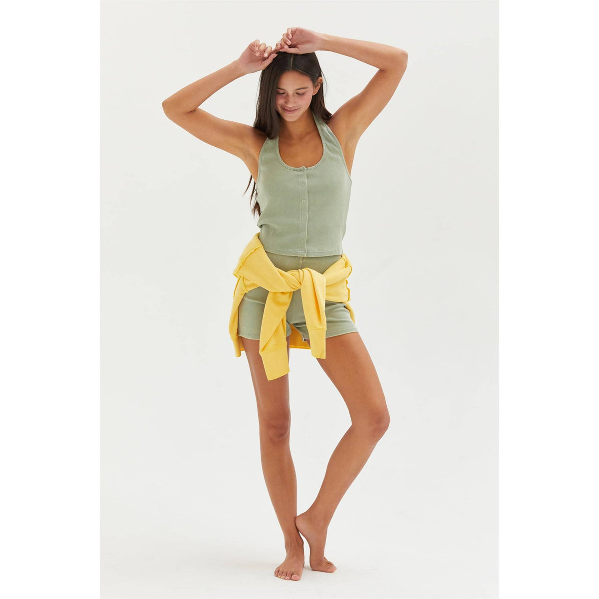 Halter Neck Buttoned Washed Tank Set