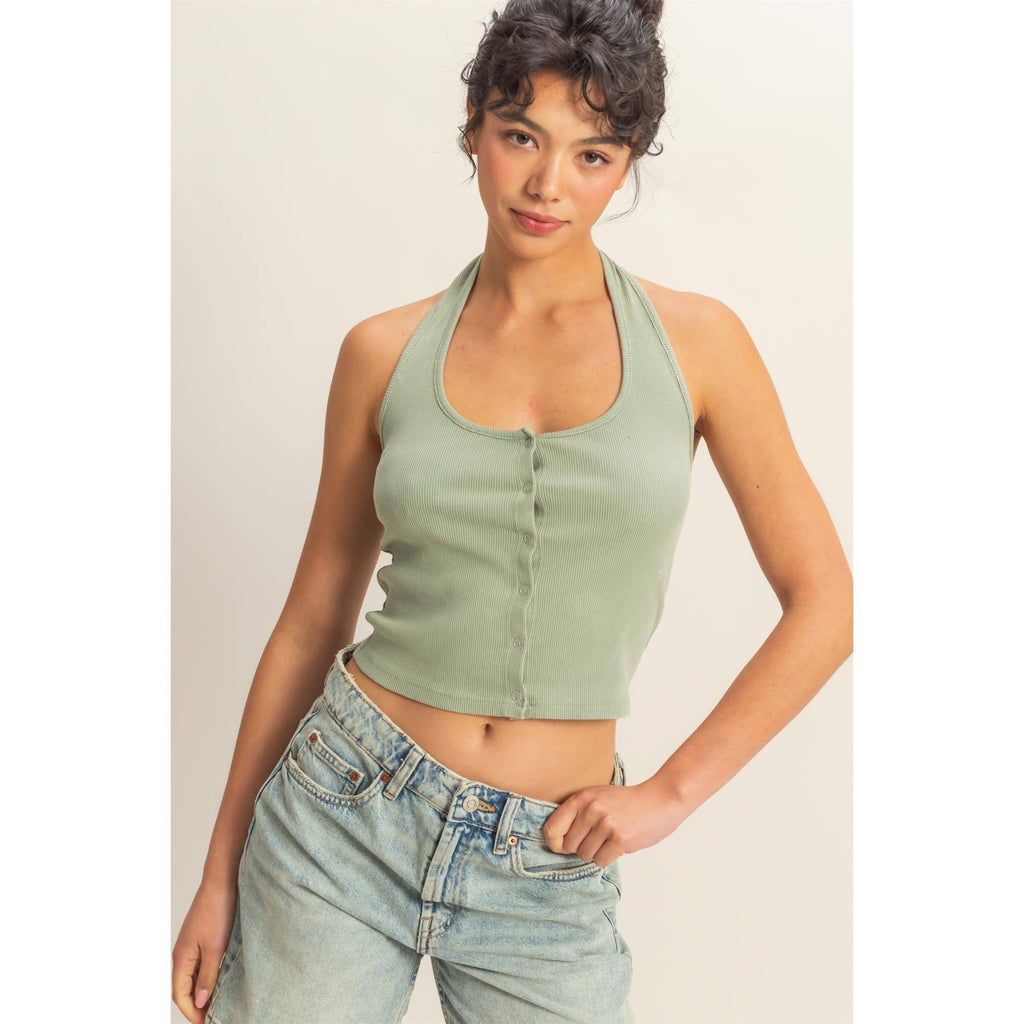 Halter Neck Buttoned Washed Tank Set