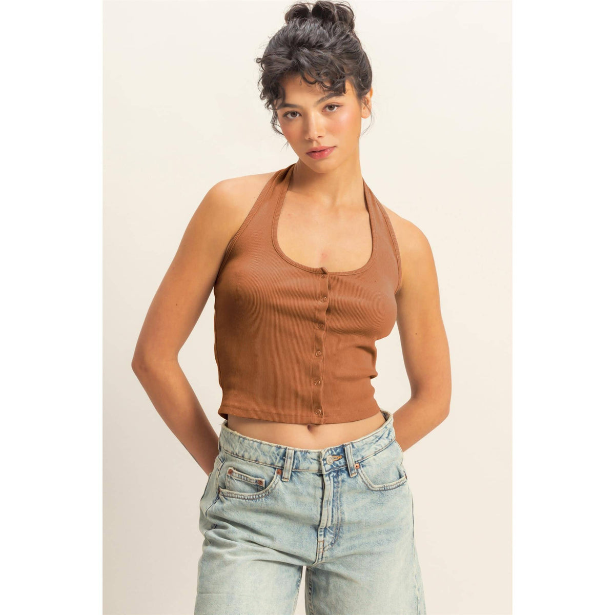 Halter Neck Buttoned Washed Tank Set