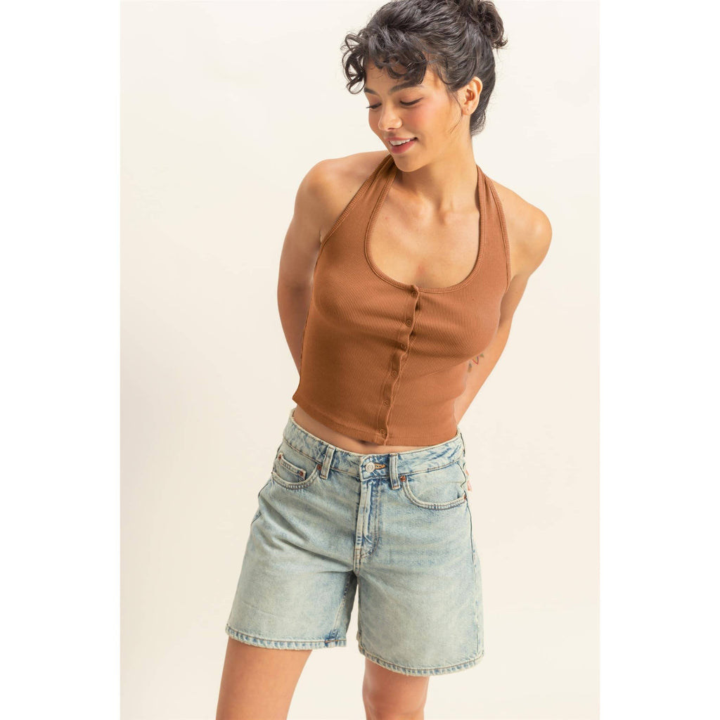 Halter Neck Buttoned Washed Tank Set