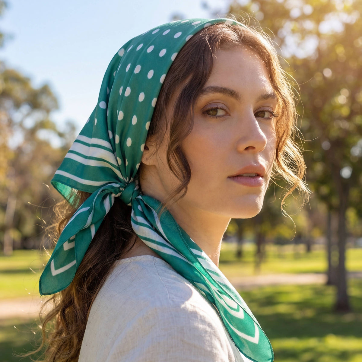 Polka Dot Stripe-Border Satin Scarf