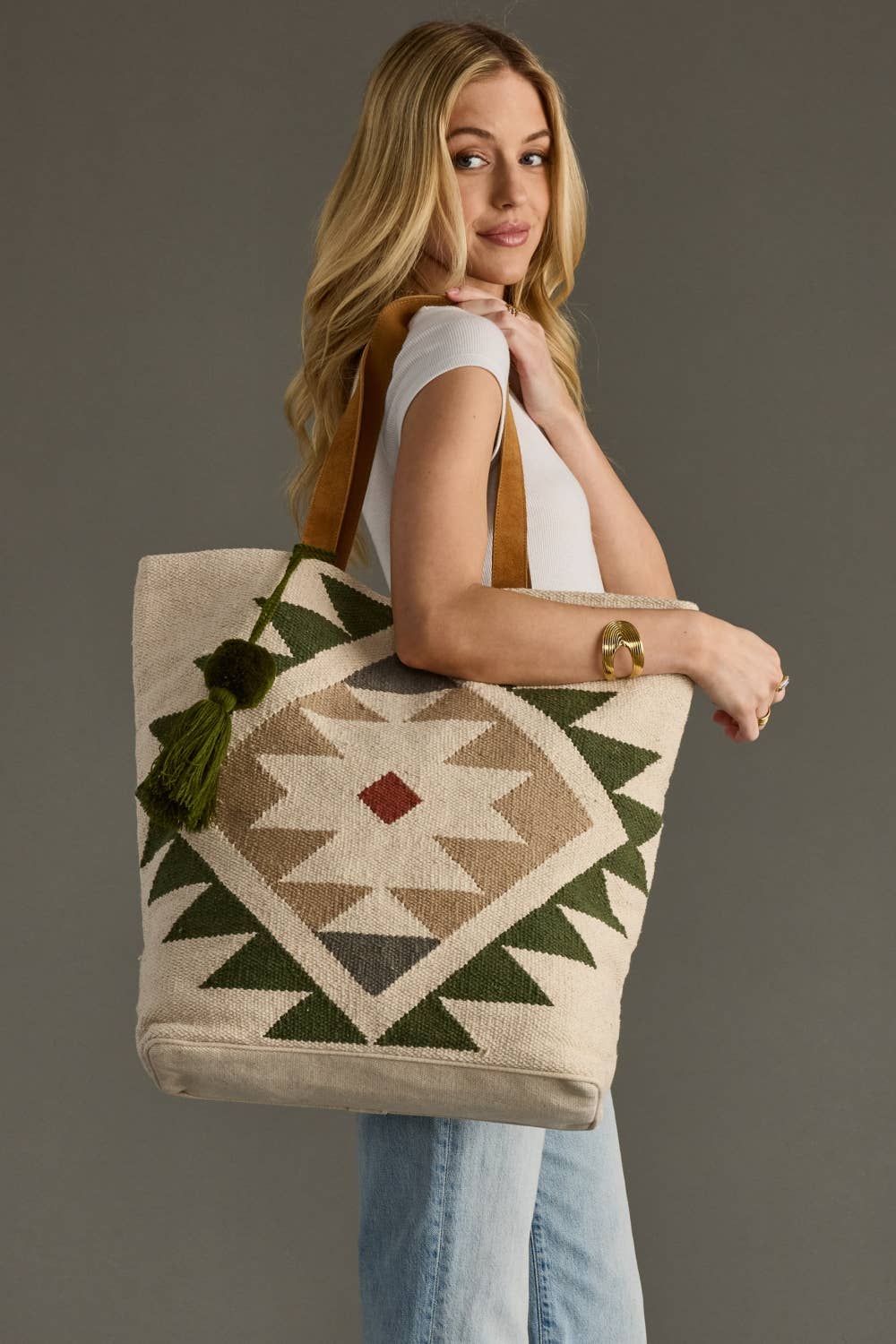 Cream + Green Western Tote